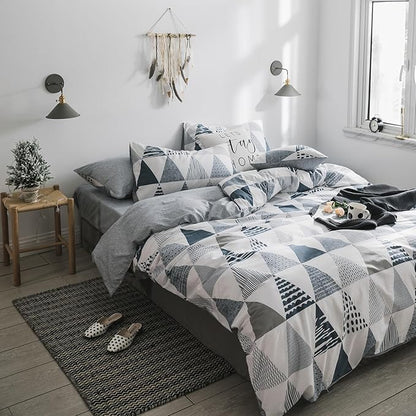 mixinni Full Comforter Sets Men Modern Style Gray Blue Triangle Bedding for Boys Teen Gilrs Geometric Comforter Bed Fluffy-Full Size