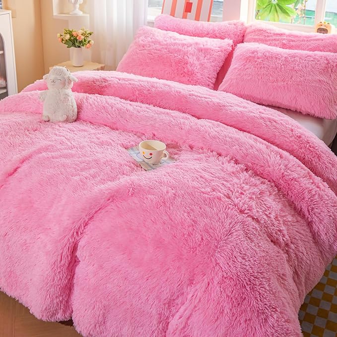 chovy Faux Fur Plush Pink Comforter Sets Twin/Full Size - Ultra Soft Shaggy Flannel Velvet Fluffy Fuzzy 3PC Bedding Set （Comforter x 1 Pillowcases x 2）