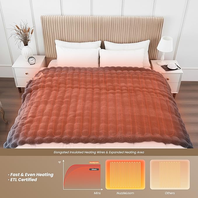 Heated Blanket Queen 84''x 90'', Fast Heating Electric Blanket Ultra-Soft Faux Rabbit Fur with 5 Heat Levels & 5H Auto Shut-Off, Overheat Protection, Machine Washable