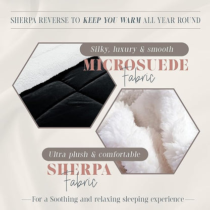 Elegant Comfort Super Soft Sherpa Comforter 3-Piece Set Premium Quality, Heavy Weight Reversible Down Alternative Micro-Suede, Sherpa Comforter, King, Black Satin