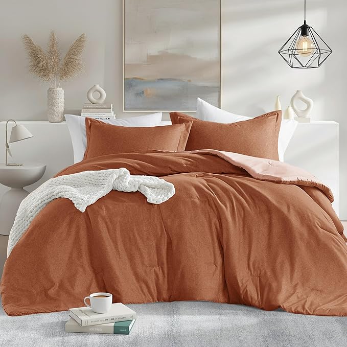 Full/Queen Size Comforter Set, Lightweight Burnt Orange Soft Bedding for All Seasons, 3 Pieces Chambray Print Solid Farmhouse Bed Set, Comforter & Shams