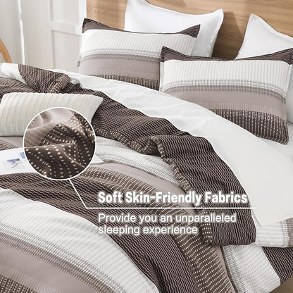 Litanika Comforter Set Full Size Chocolate - 3 Pieces Lightweight Colorblock Stripe Fluffy Bedding Comforter Sets, All Season Bed Set