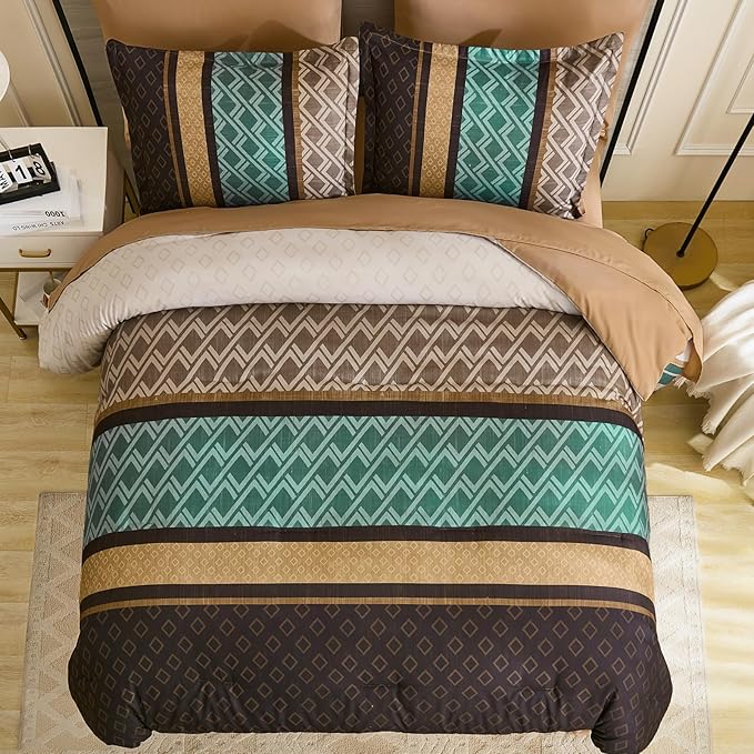 Cottolester Queen Comforter Set 7 Pieces Brown and Green Boho Striped Bed in a Bag,Soft Microfiber Complete Bedding Sets