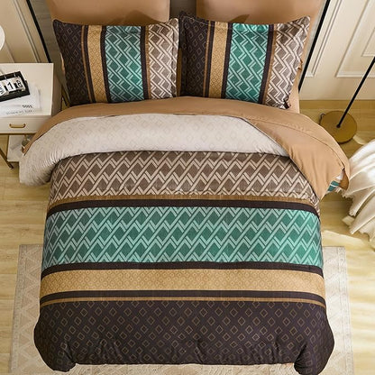 Cottolester Queen Comforter Set 7 Pieces Brown and Green Boho Striped Bed in a Bag,Soft Microfiber Complete Bedding Sets