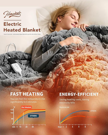 Homemate Heated Blanket Electric Throw - 50"x60" Heating Blanket Throw 4 Hours Auto-Off 10 Heat Levels Over-Heat Protection Luxury 800 GSM Faux Fur 200 GSM Sherpa ETL Certification