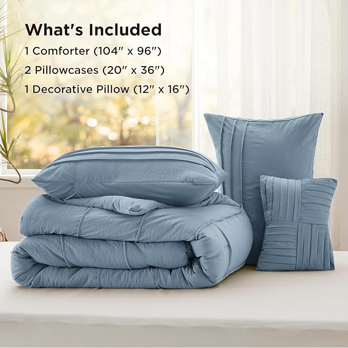 Bedsure California King Comforter Set - 4 Pieces Pinch Pleat Bed Set, Light Blue Boho Bedding for All Season, 1 Soft Comforter, 2 Pillowcases, 1 Decorative Pillow