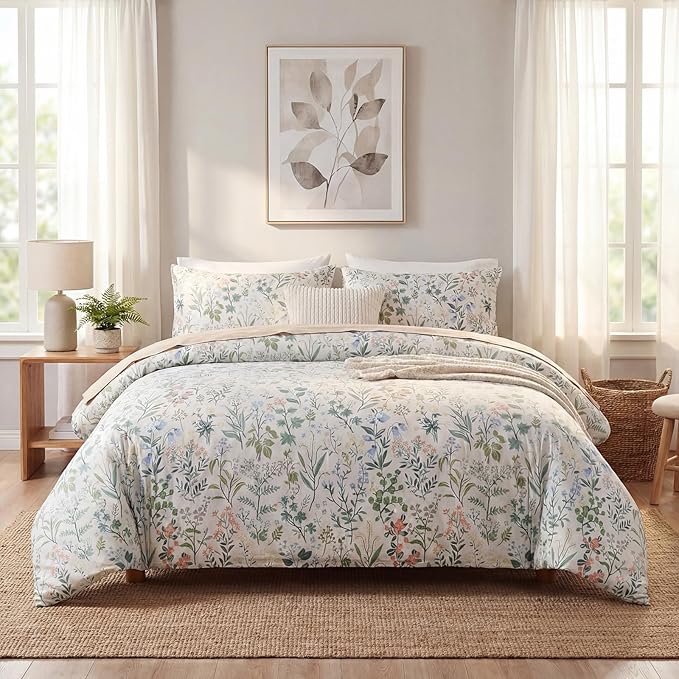 Green Floral Comforter Set Queen Size 100% Cotton Comforter 3 Pieces Soft Lightweight Reversible Retro Floral Bedding Sets for All Season