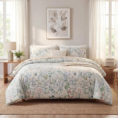 Green Floral Comforter Set Queen Size 100% Cotton Comforter 3 Pieces Soft Lightweight Reversible Retro Floral Bedding Sets for All Season