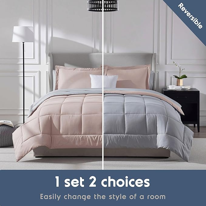 Nestl 7 Piece California King Comforter Set – Blush Pink Reversible Bed in a Bag – Complete Cal King Size Bedding Set with Sheets, Pillowcases and Shams