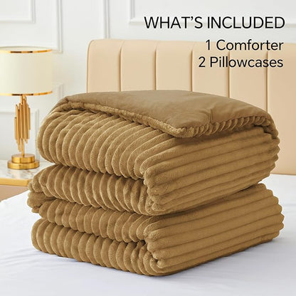 BEDELITE Fleece California King Comforter Set -Super Soft & Warm Fluffy Brown Bedding, Luxury Fuzzy Heavy Bed Set for Winter with 2 Pillow Cases