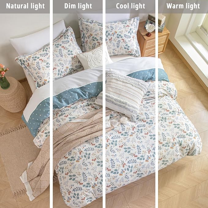 Botanical Cotton Comforter Queen Size - Lake Green Comforter with Dusky Blue & Warm Rust Leaves on Ivory,Reversible Lightweight Bedding Sets 3Pcs(Polka Dot)