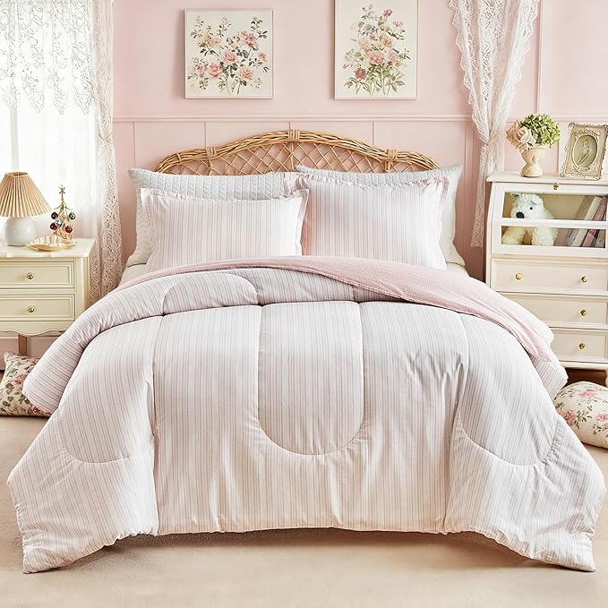 Joyreap 3pcs Cotton Comforter Set King, Blush Pink Stripes Design for Girls, Soft Cozy Lightweight Bedding Comforter Set for All Seasons- 100x88 inches