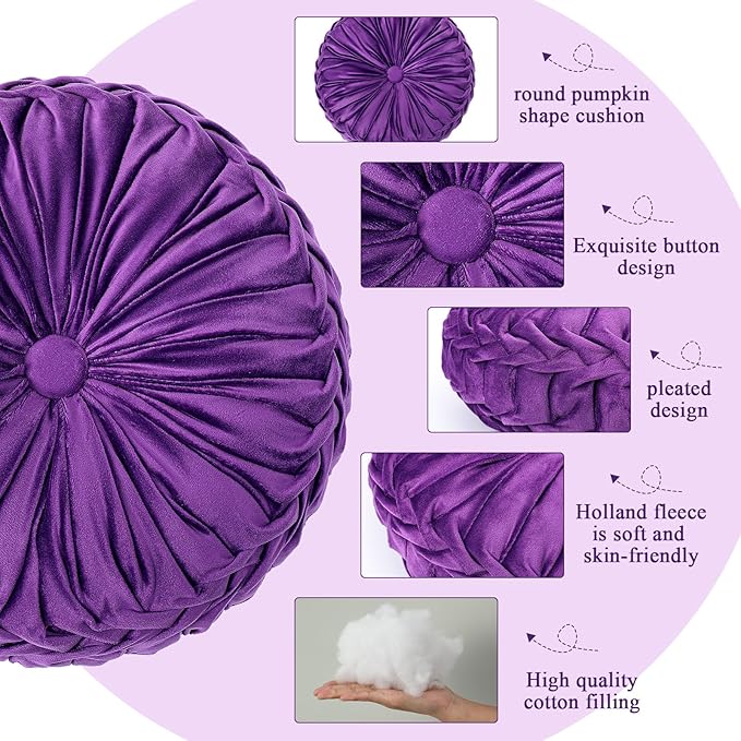 1 Pcs Round Throw Pillows Decorative Velvet Pleated Throw Pillows 15'' Diameter Accent Pumpkin Boho Chair Cushion for Couch Sofa Chair Bed Home Decoration (Purple)