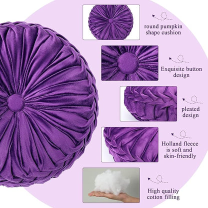 1 Pcs Round Throw Pillows Decorative Velvet Pleated Throw Pillows 15'' Diameter Accent Pumpkin Boho Chair Cushion for Couch Sofa Chair Bed Home Decoration (Purple)