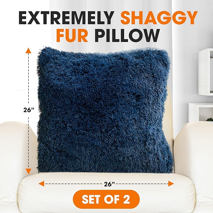 Cheer Collection Throw Pillows for Couch and Bed, Soft Shaggy Throw Pillows with Inserts Included, Cozy Long Hair Faux Fur Pillows - Set of 2-26" x 26" Navy
