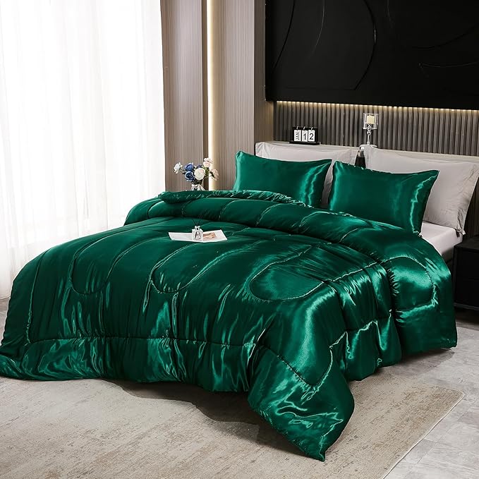 Bedding_Dreamer Satin Comforter Set King Size Silk Like Silky Down Comforter Luxury Hotel Silky Bed Home Deocr Blackish Green Bedding Set