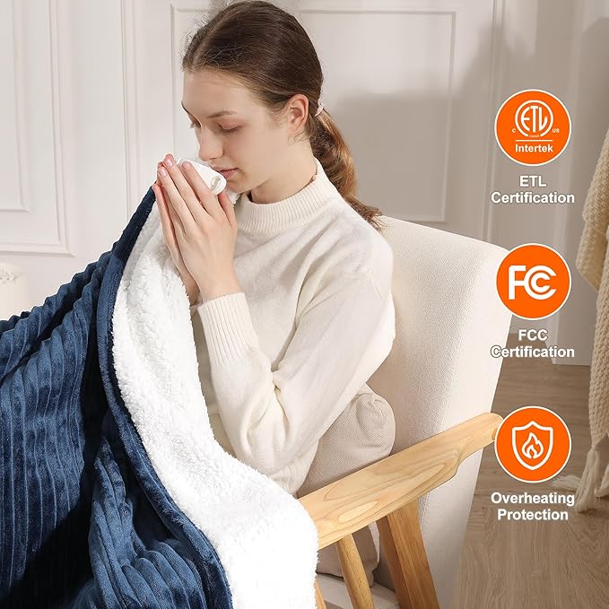 King Size Electric Blanket, Fast Heating Blanket with Dual Controls, 5 Heat Settings, 10-Hour Auto Off, Striped Flannel & Sherpa, FCC/ETL Certified, 90''x100'' Navy Blue