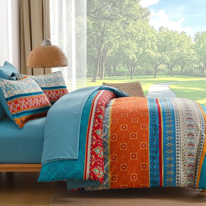 Comforter Set King Size Boho,7 Pieces Bohemian Bedding Comforter Set Striped Bed in a Bag,Teal Paisley Floral Comfortet and Sheet Set,Soft Microfiber Bedding Sets for All Season