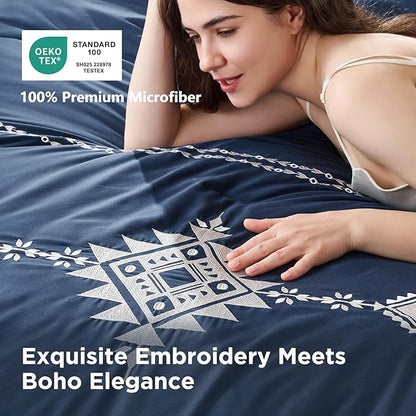 Embroidered Boho Comforter Set Twin Size, 2-Piece Western Shabby Chic Bedding Sets - Fluffy Ultra Soft Microfiber with Intricate Design, Includes Comforter & 1 Pillowcase, Navy(68"x88")