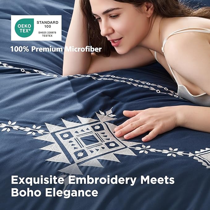 Embroidered Boho Comforter Set Full Size, 3-Piece Western Shabby Chic Bedding Set - Fluffy Ultra Soft Microfiber with Intricate Design, Includes Comforter & 2 Pillowcases, Navy(82"x86")