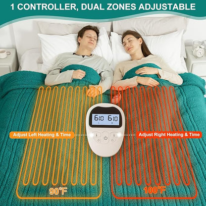 Electric Blanket King Size Single Control - 100"X90" Soft Double Sided Sherpa Heated Blanket with 6 Heating Levels & 10 hrs Timer Settings, Washable & ETL Certified for Bed, Green