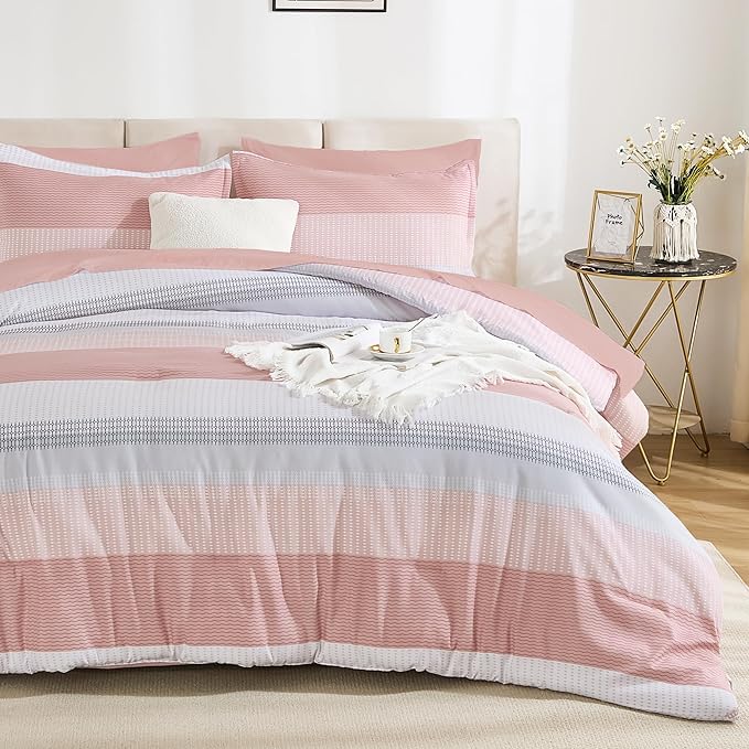 Andency Full Size Comforter Set 7 Pieces - Pink Striped Lightweight Bed in a Bag, Fully Microfiber Bedding Breathable All Season Beddding Set with Comforter, Fitted & Flat Sheet, Pillowcases & Shams