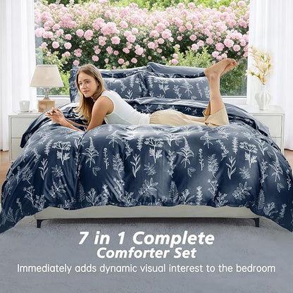 MUXHOMO Navy Blue Twin Comforter Set, Elegant Floral Print Bed in a Bag 5 Pieces, Ultra Soft & Breathable Reversible Botanical Pattern Bedding Set with Comforter, Sheets, Pillowcase, and Sham