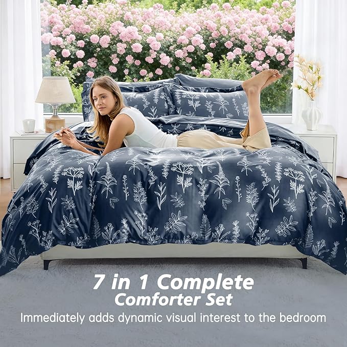 MUXHOMO Navy Blue King Comforter Set, Elegant Floral Print Bed in a Bag 7 Pieces, Ultra Soft & Breathable Reversible Botanical Pattern Bedding Set with Comforter, Sheets, Pillowcases, and Shams