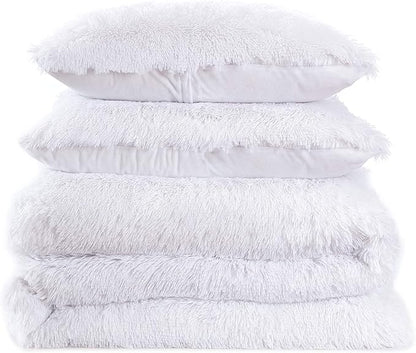 Plush Shaggy Comforter Set Ultra Soft Luxurious Faux Fur Decorative Fluffy Crystal Velvet Bedding with 2 Shams, Queen, White
