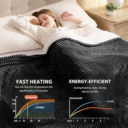 Homemate Electric Heated Blanket King Size - 100"x90" Heating Blanket King Size Dual Control 1/2/4/6/8 Hours Auto-Off 10 Heat Level Over-Heat Protection Soft Flannel Sherpa ETL Certification