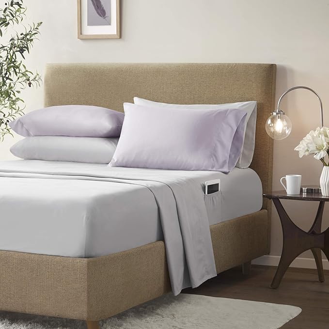 Comfort Spaces Bed in A Bag - Trendy Casual Design Cozy Comforter with Complete Sheet Set with Side Pocket, All Season Cover, Matching Shams Full(80"x90"), Kate, Grey/Purple 9 Piece, Cottage