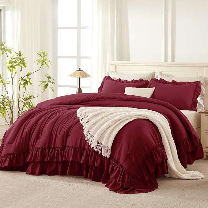 Andency Burgundy Ruffle Comforter Set Oversized King, Shabby Chic Farmhouse Bedding Set 3 Pieces, Lightweight Soft Bed Set 120x98 for Girls Women (1 Comforter 2 Pillowcases)