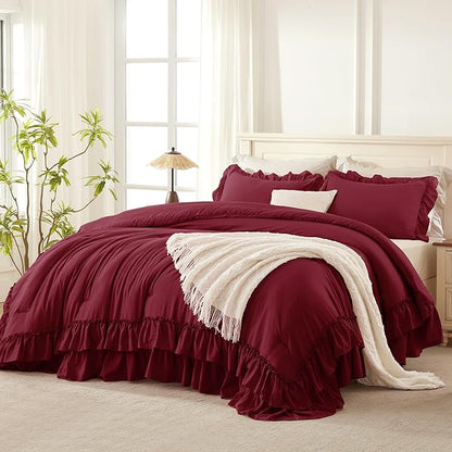Andency Burgundy Ruffle Comforter Full Set, 3pcs Vintage Farmhouse Shabby Chic Bedding Comforter Set, Soft Lightweight Fluffy Bed Comforter Sets All Season Bedding Set