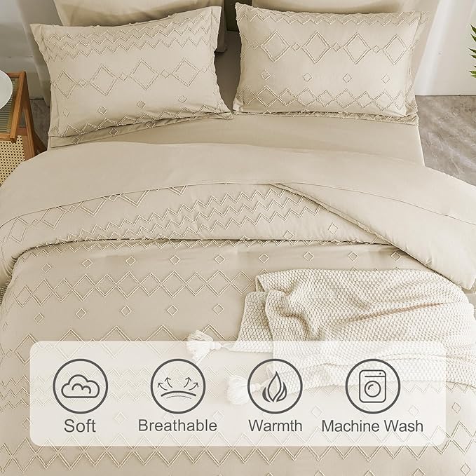EMME Twin Comforter Set - 5 Pcs Beige Boho Bedding Sets, Tufted Comforter with Sheets, Shabby Chic Embroidery Twin Bed Set Fluffy Bed Bag for All Season(68"X90")