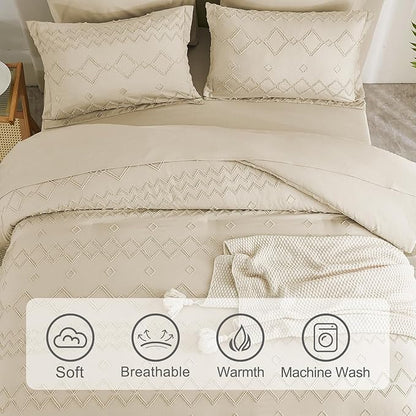 EMME Twin Comforter Set - 5 Pcs Beige Boho Bedding Sets, Tufted Comforter with Sheets, Shabby Chic Embroidery Twin Bed Set Fluffy Bed Bag for All Season(68"X90")
