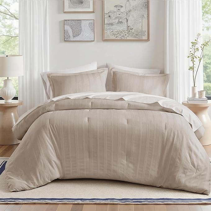 Madison Park Essentials Striped Comforter Set Cal King, 7 Pieces Modern Minimalist Jacquard Bedding Set for All Season, Bed in A Bag with Sheet Set and Soft Brushed Reverse, Lightweight Neutral