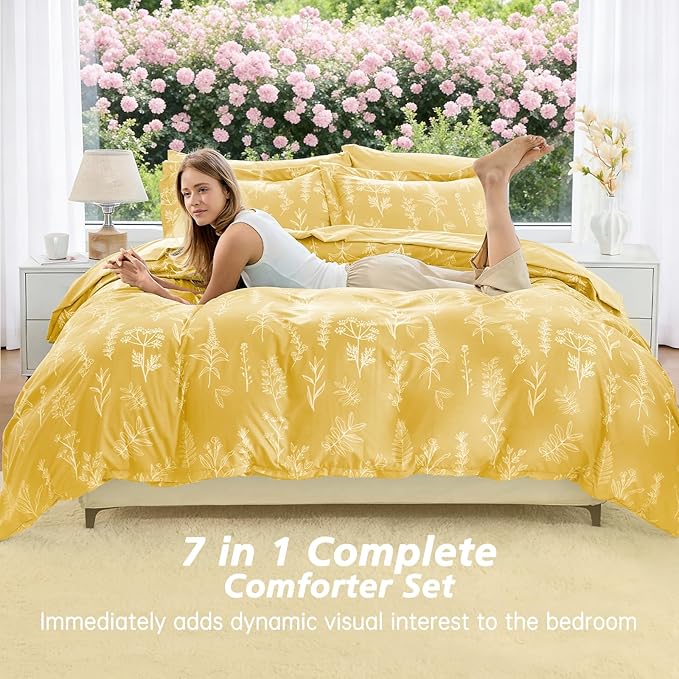 MUXHOMO Bright Yellow Full Comforter Set, Elegant Floral Print Bed in a Bag 7 Pieces, Ultra Soft & Breathable Reversible Botanical Pattern Bedding Set with Comforter, Sheets, Pillowcases, and Shams
