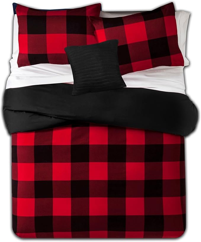 7 Piece Comforter Set Bag Solid Color All Season Soft Down Alternative Blanket & Luxurious Microfiber Bed Sheets, Full, Buffalo Plaid Burgundy/Black