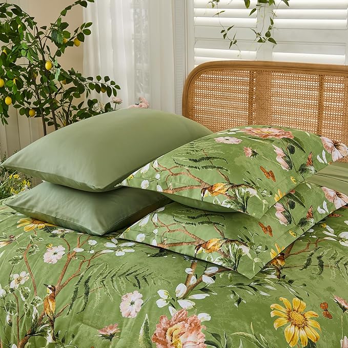 Yiran Sage Green Hibiscus Floral Comforter Set Queen Size, 7 Piece Bird Flowers Botanical Comforter Bedding Set, Vintage Bed in a Bag, Soft Microfiber Complete Bedding Set with Sheets for All Season