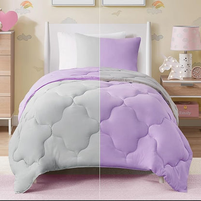 Comfort Spaces Vixie Reversible Comforter Set - Trendy Casual Geometric Quilted Cover, All Season Down Alternative Cozy Bedding, Matching Sham, Lavendar/Gray, Twin/Twin XL 2 piece