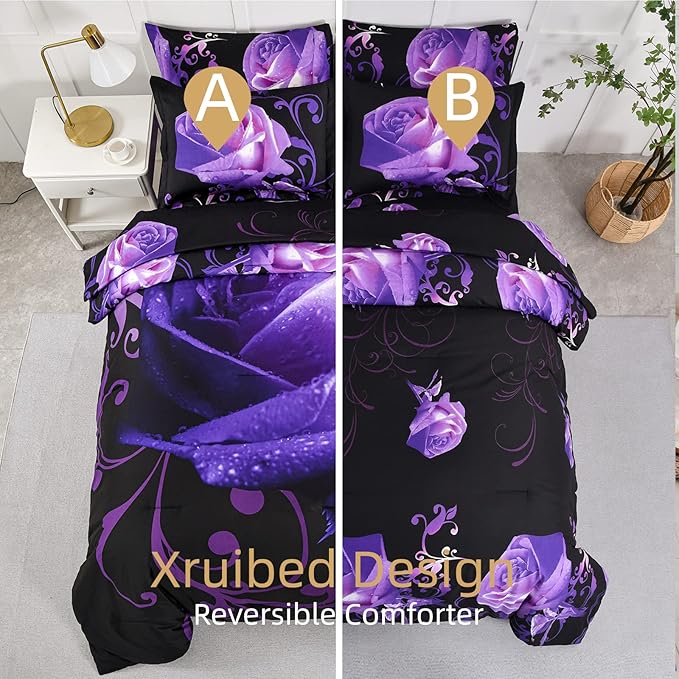 Xruibed Floral Comforter Set Full 7 Piece Bed in a Bag Purple Rose Flower Comforter with Sheet Set Soft Micorfiber Bedding Set (1 Comforter,2 Pillow Shams,1 Flat Sheet,1 Fitted Sheet,2 Pillowcases)