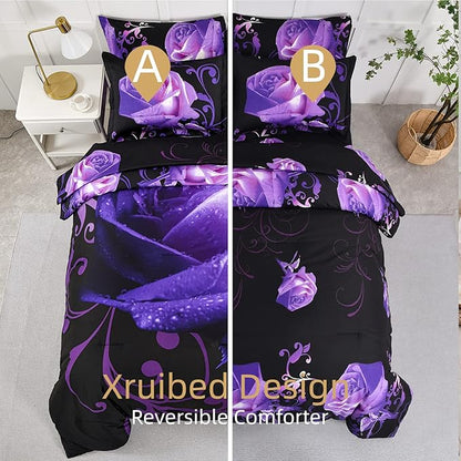 Floral Comforter Set California King 7 Piece Bed in a Bag Purple Rose Flower Comforter with Sheet Set Soft Micorfiber Bedding Set (1 Comforter,2 Pillow Shams,1 Flat Sheet,1 Fitted Sheet,2 Pillowcases)