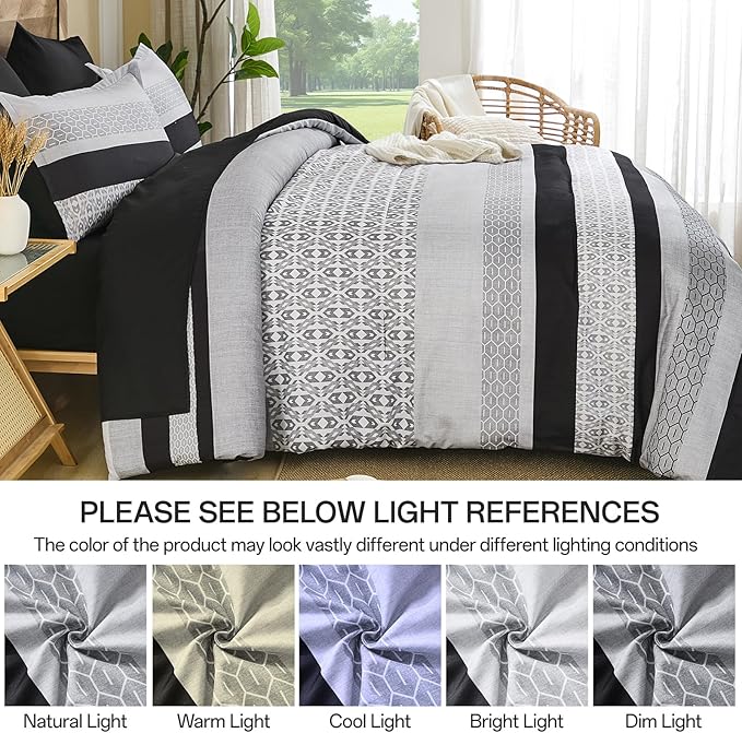 DJY Black Comforter Set Queen Size,7 Pieces Bed in a Bag Boho Striped Bedding Sets,Black and White Soft Microfiber Bedding Set for All Season(104"×90")