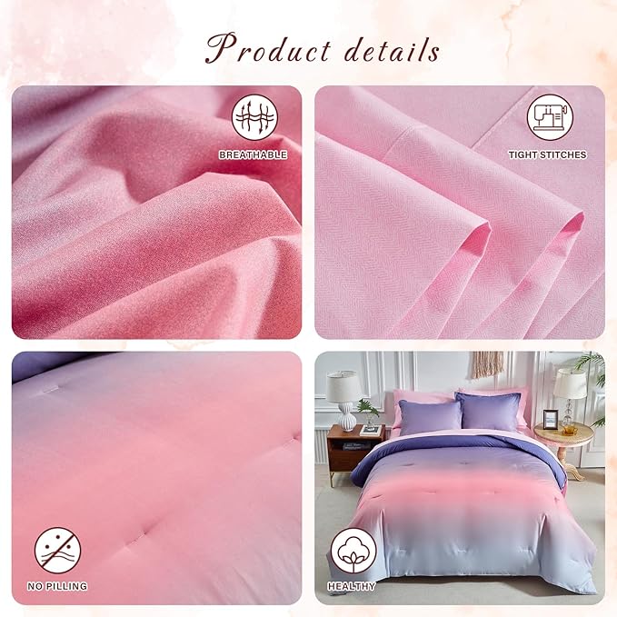 Grey Pink and Purple Gradient Comforter Set Queen Size 7 Pieces Elegant Ombre Bed in a Bag - Reversible All Season Bedding Set with Comforter, Flat Sheet, Fitted Sheet, 2 Pillowcases & 2 Pillow Shams
