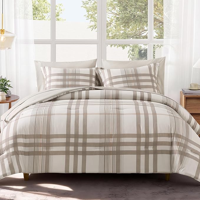 MaiRêve Twin XL Comforter Set Brown Grey, Classic Plaid Farmhouse Bedding Sets 5 Pieces for Boys Girls Teen, All Season Bed in a Bag for Dorm with Sheets, Pillowcase & Sham