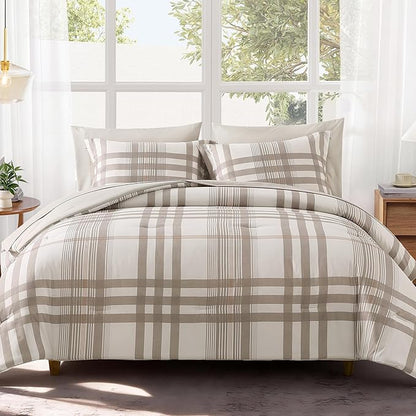 MaiRêve Queen Comforter Set Brown Grey, Classic Plaid Farmhouse Bedding Sets 7 Pieces, All Season Lightweight Bed in a Bag with Sheets, Pillowcases & Shams