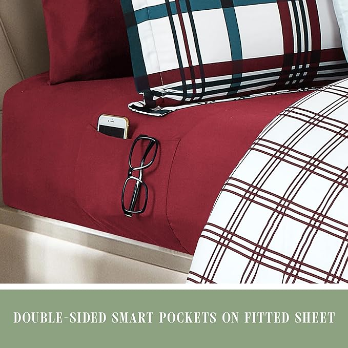 Elegant Comfort 8-Piece Lodge Plaid Reversible Comforter Set - All Season Bed in a Bag, 4-Piece Sheet Set Featuring Smart Pockets, Matching Shams and Decorative Pillow, King/California King, Burgundy
