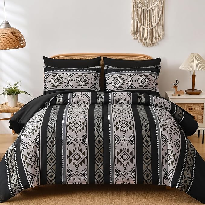Anibedding Black Comforter Set Queen Size,7 Pieces Boho Striped Bed in a Bag Aztec Western Bedding Set, Soft Microfiber Farmhouse Bed Comforter Set for All Season