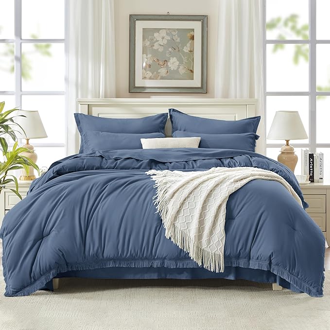Andency Queen Comforter Set with Sheets Bluish Grey - 7 Pieces Boho Tassel Bed in a Bag Soft Lightweight Bedding Sets, Fringe Bed Set with Comforter, Sheets, Pillowcases & Shams