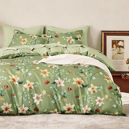 Wake In Cloud - Floral Comforter Set, Cottagecore Cottage Rustic Farmhouse Style with Botanical Flowers and Leaves Pattern, Soft Lightweight Bedding, 3-Piece, Sage Green, Twin/Twin XL Size
